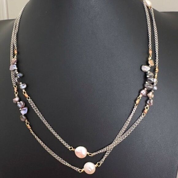 Nakamol Long Strand Chain Pearl Necklace Iridescent button and purple freshwater - Picture 3 of 7